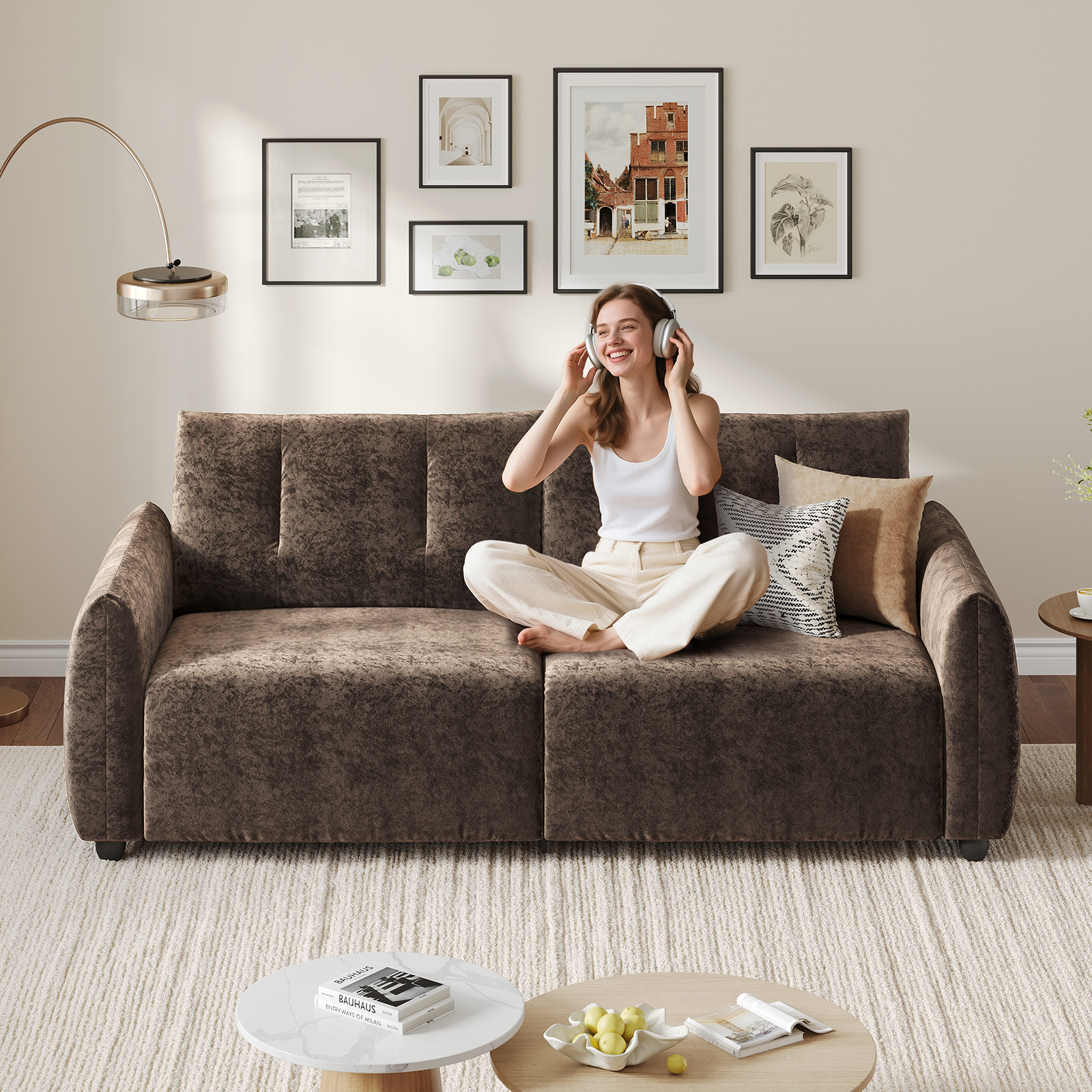 COPIAE 84.5 Inch Loveseat Sofa, Modern Couch and Sofa, Feather-tip armrest design, Sturdy and Easy Installation, Small Sofa for Living Room Bedroom Office and Apartment, Chenille Fabric,Dark Brown