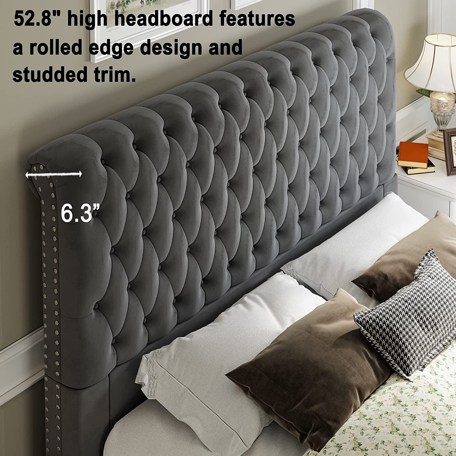 VanAcc Upholstered King Bed Frame with Velvet Tufted and Sleigh Headboard,Gray