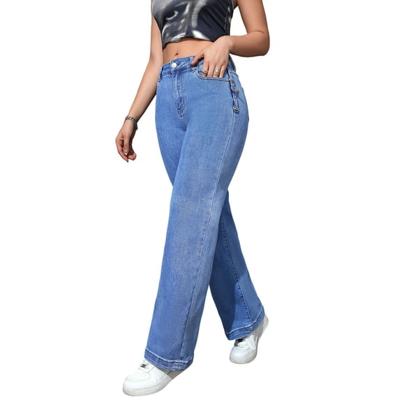 Women's High Waist Light Blue 90s Straight Leg Jeans - Vintage Wide Leg Denim Pants with Side Ring Detail, Classic Comfort Fit