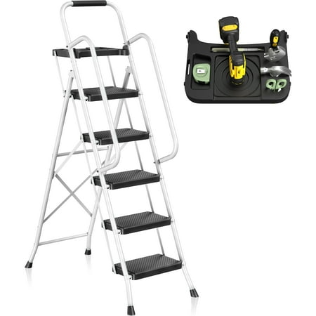 JOZ Folding 5-Step Ladder  350lbs  with Handrails and Tool Tray and Anti-Slip Pedal  White