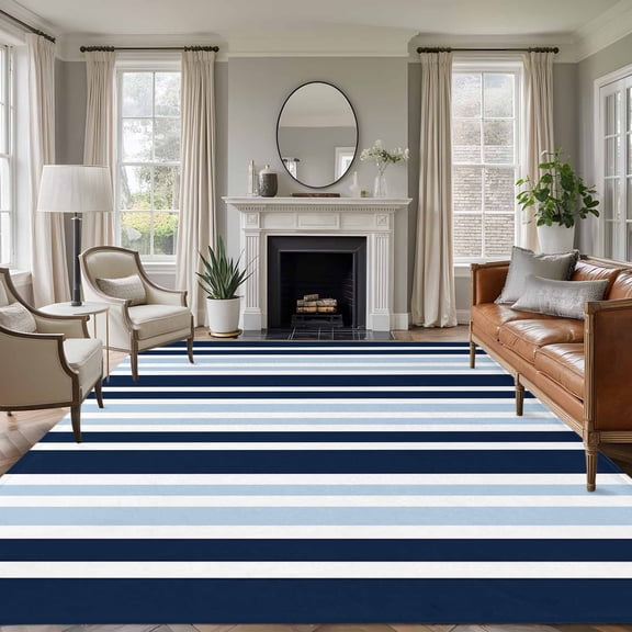 Area Rug for Living Room, Navy Blue Non-Slip Indoor Large Carpet for Bedroom/Dining Room, Modern White Geometric Vertical Stripes Washable Low-Profile Rectangle Floor Runner Rugs - 6 x 9 Ft