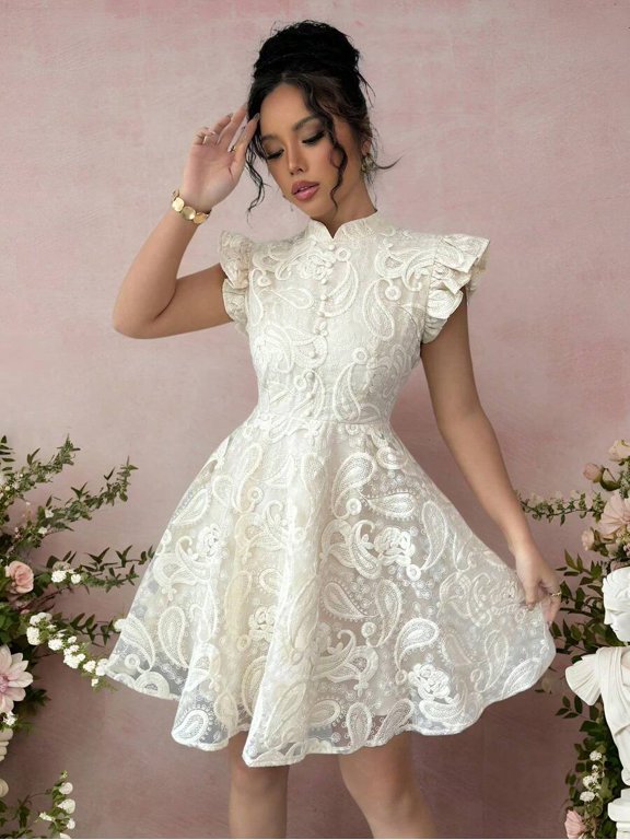Apricot Qipao Style Lace Dress Stand Collar Ruffle Short Paisley