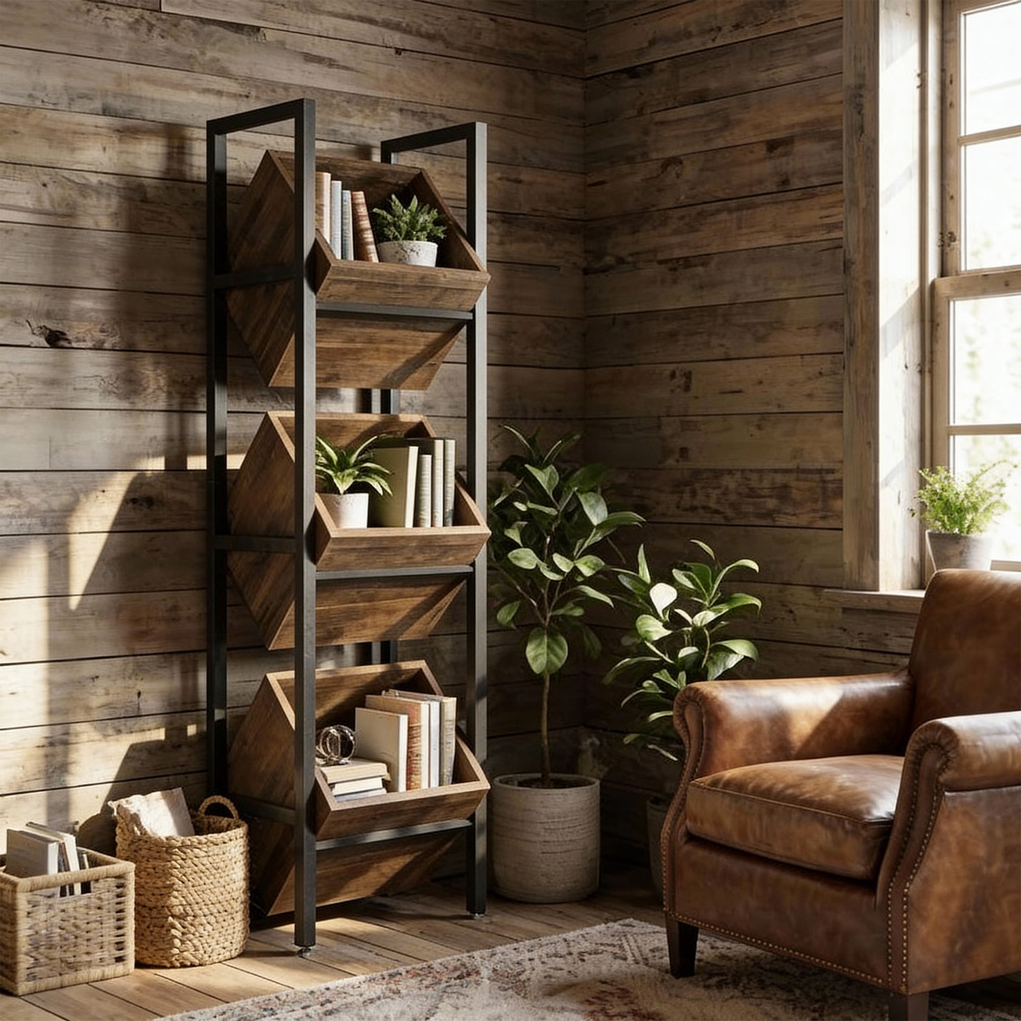 Kiootto  15" Industrial 3-Tier Storage Bin Organizer, Rustic Brown Wooden Vertical Stand with Angled Baskets for Kitchen, Pantry, and Bathroom, Black Frame