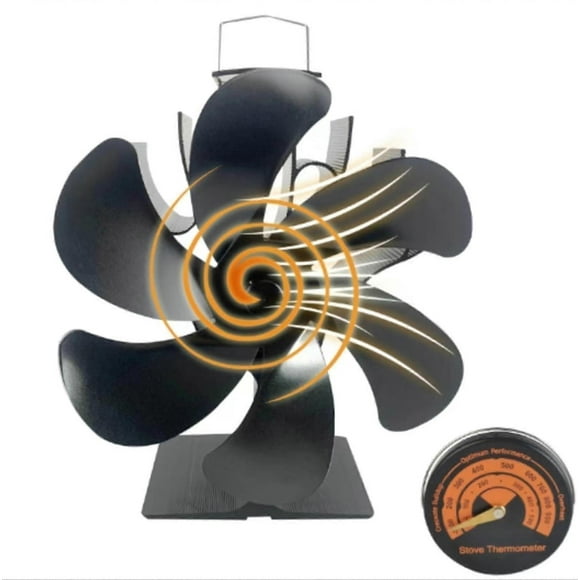 Stove Fan with Thermometer, Non-Electric 6-Blade Heat Controlled Fireplace Fan, for Wood Fireplace, Pellet Burner, Wood Stove Accessory
