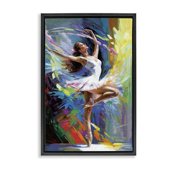 Stupell Industries Bright Hued Dancing Ballerina Entertainment Painting Black Floater Framed Canvas Art Print Wall Art, 17 x 25