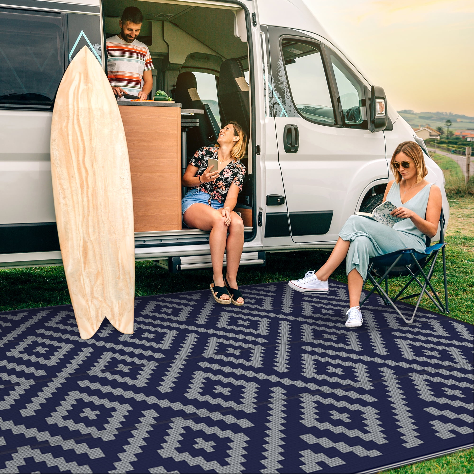 DEORAB Outdoor Rugs Waterproof Plastic Straw Mat 9'x12' Reversible for RV Patio Deck Beach Blue & Grey