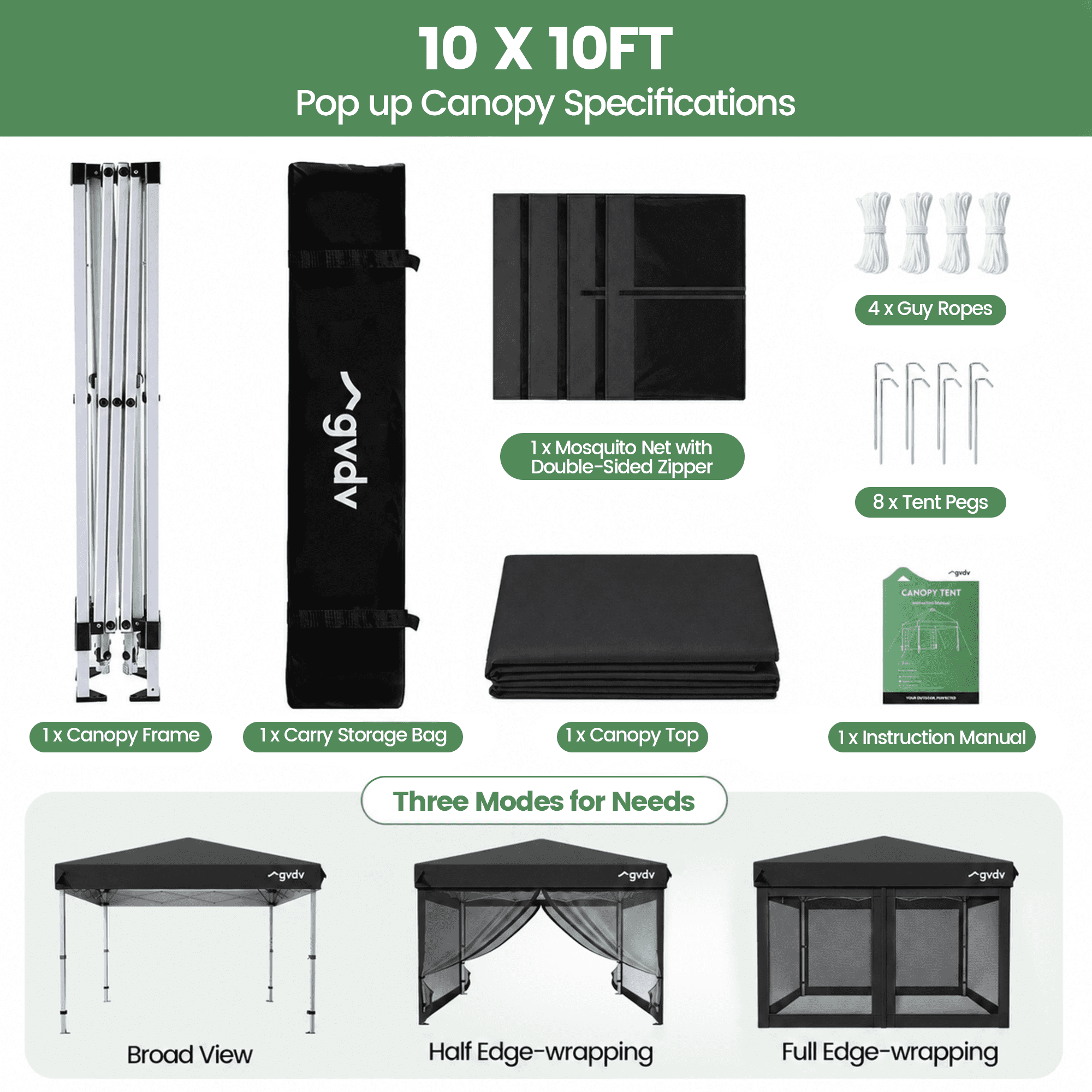 GVDV 10'x10' Canopy Tent with Mosquito Net, Zippered Doors