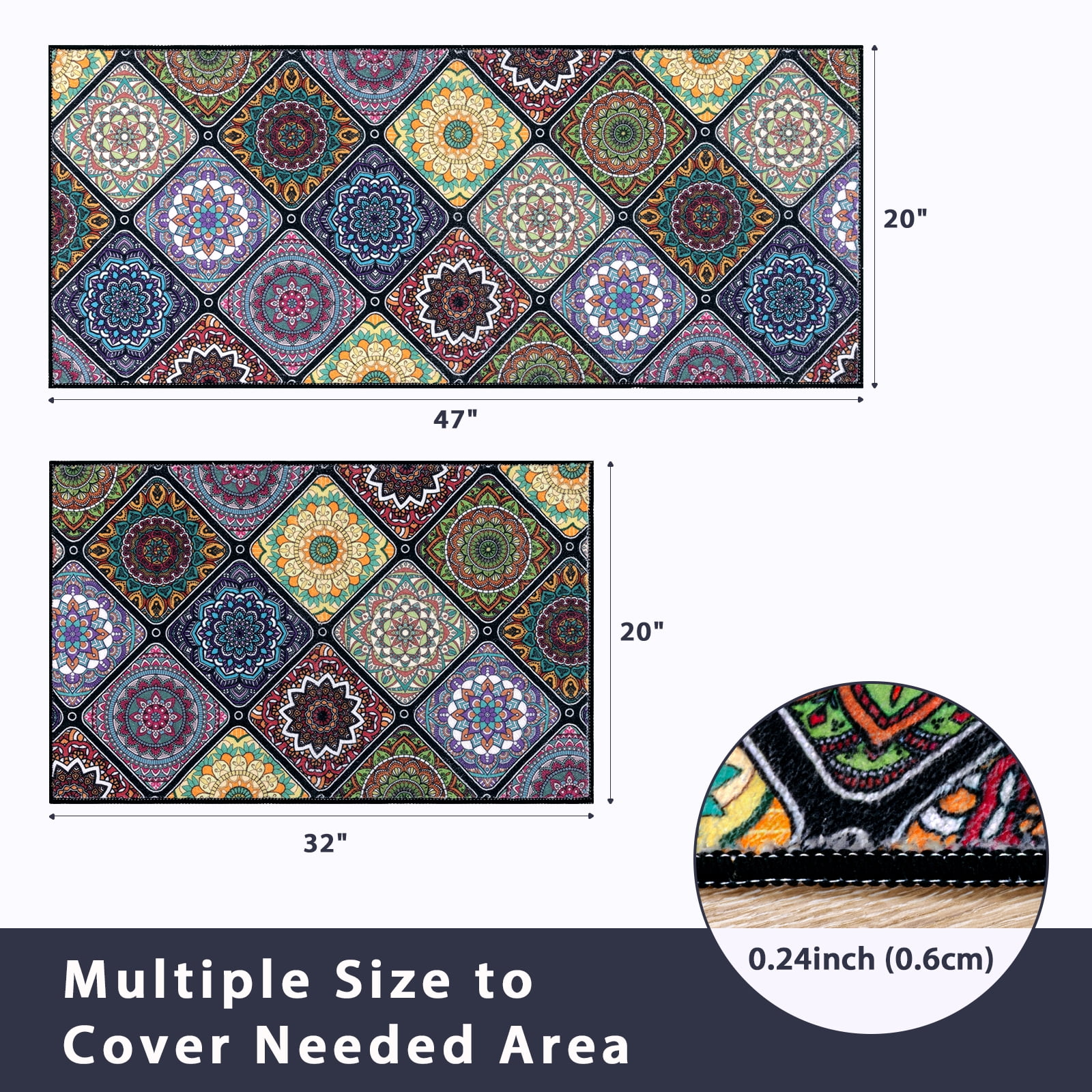 Findosom 2pc Boho Kitchen Rugs and Mats Set, Non Slip Washable Kitchen Runner Rug for Kitchen Floor, Farmhouse Kitchen Decor, Hallway, Entryway, Laundry Room,20"x32"+20"x47" Colorful