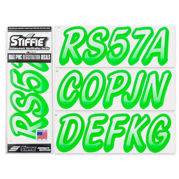 STIFFIE Whipline White / Electric Green 3" Alpha-Numeric Identification Custom Kit Registration Numbers & Letters Marine Stickers Decals for Boats & Personal Watercraft PWC