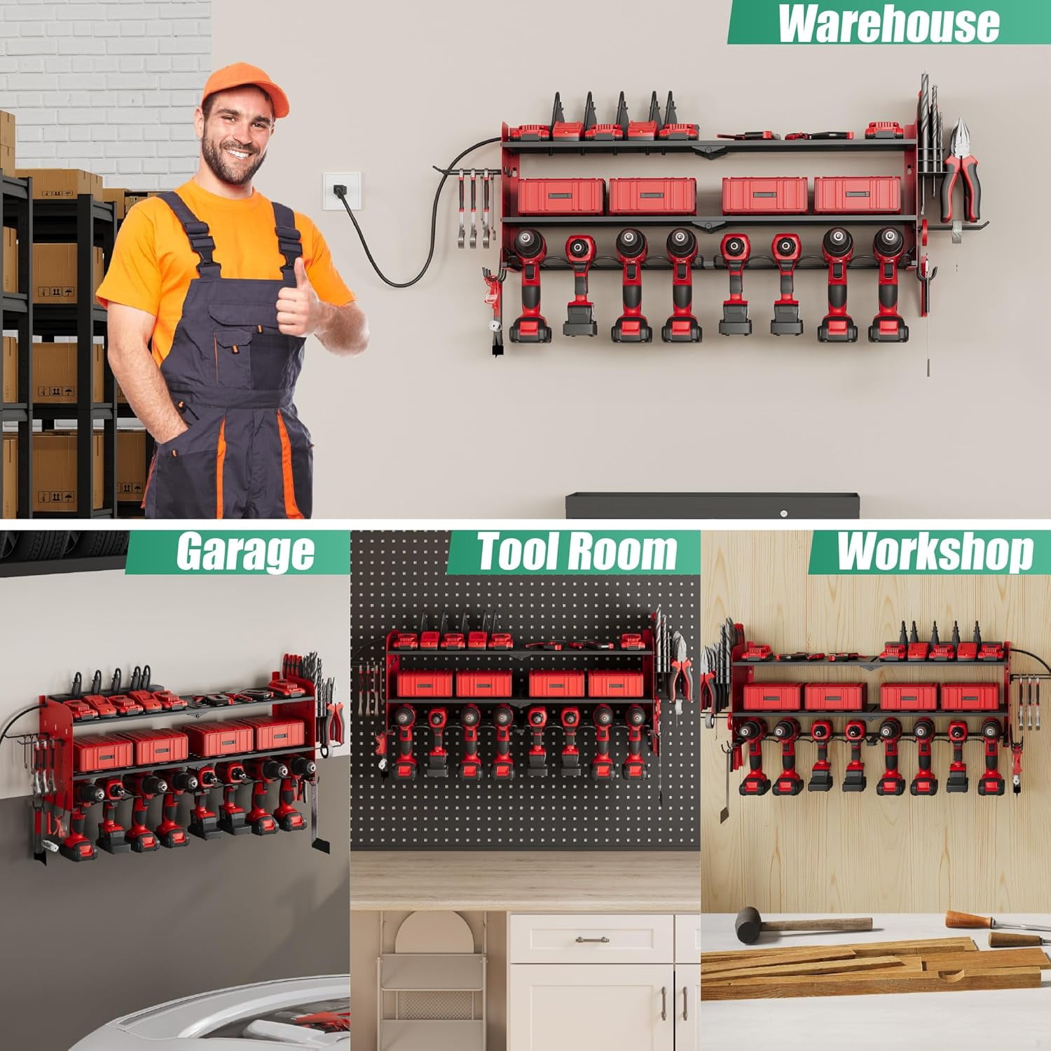 Suchtale Power Tool Organizer with Charging Station,33.2''Garage 8 Drill Holders Wall Mount,3 Layers Heavy Duty Metal Tool Shelf with 8 Outlets Power Strip, Gift for Men, Father, Red