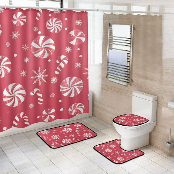 Ryvnso 4 Pcs Candy Snowflake Christmas Bathroom Shower Curtain Set with 12 Hooks Bath Mat Toilet Lid Cover