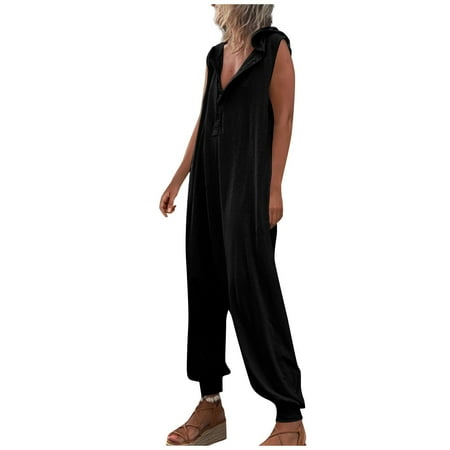 

Women s Jumpsuits Rompers & Overalls Casual Loose Sleeveless Hooded Bib With Pockets Jumpers for Women