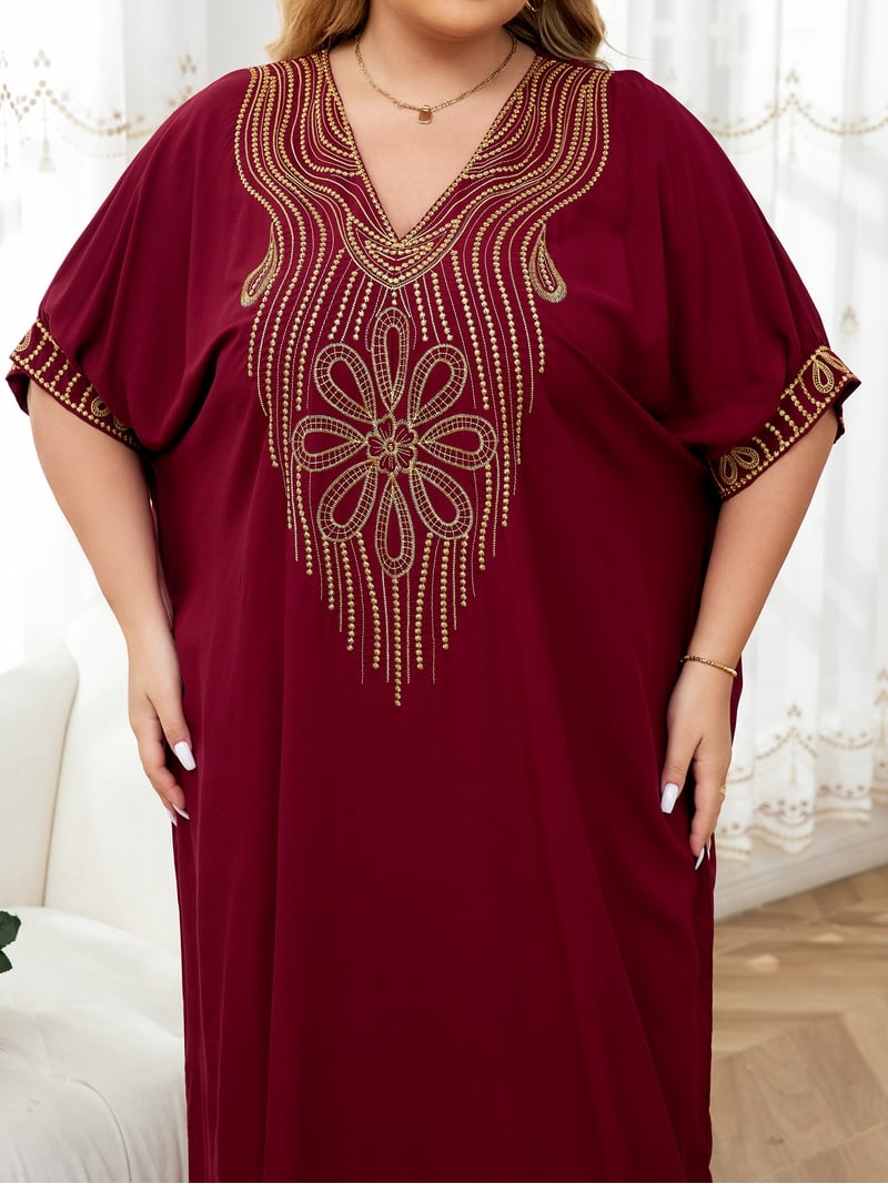 Edolynsa Plus Size Moroccan Kaftan Dress for Women Embroidery Caftan Tunic  Maxi Beach Dresses Bathing Suit Cover up Sleepwear