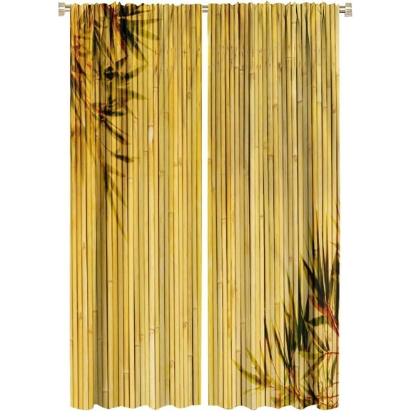 Bamboo Printed Curtains, Bamboo Stems and Leaves Oriental Natural Wood Image, Natural Wildlife Theme, Living Room Bedroom Blackout Curtains Set of 2, 21x63 in. Yellow
