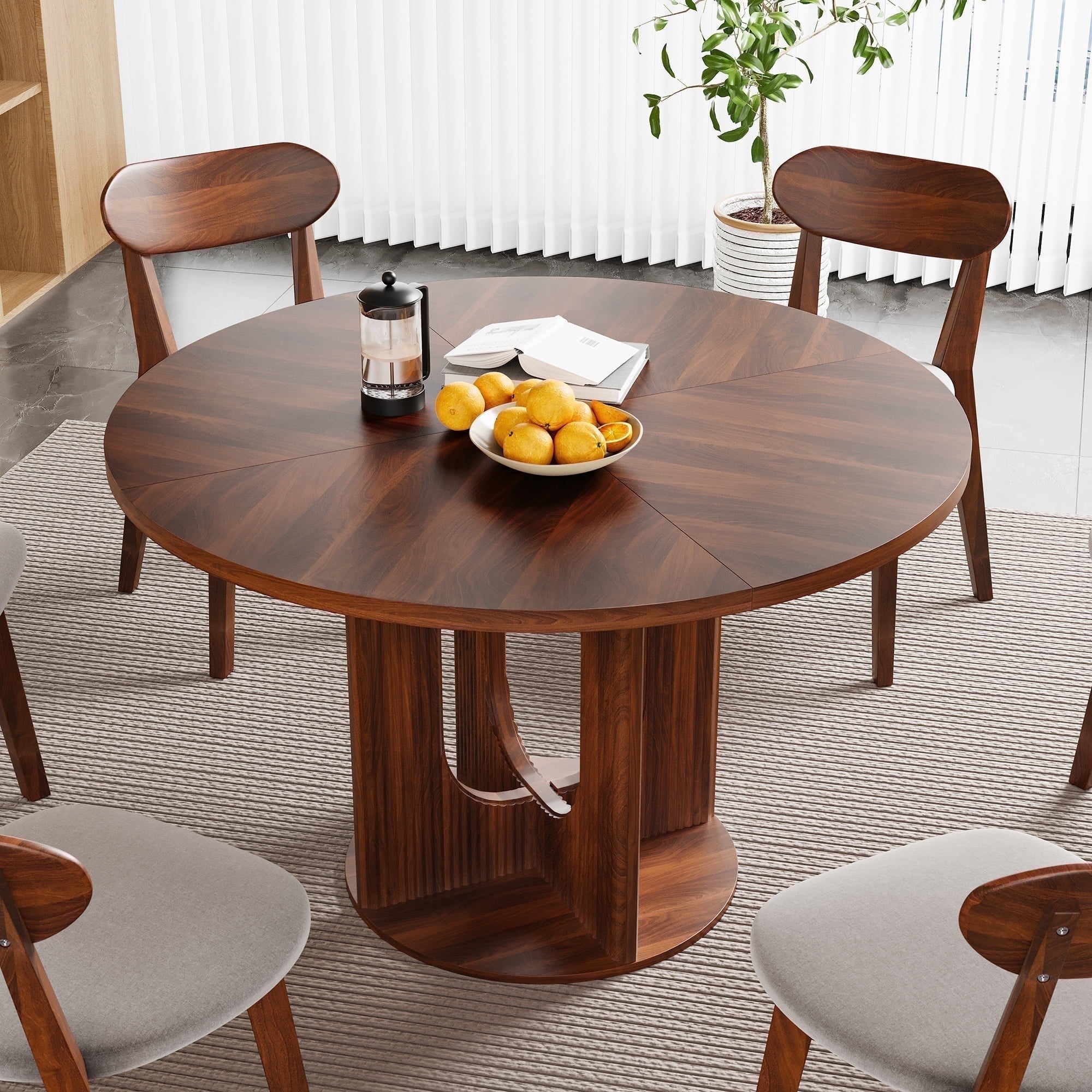 PHOYAL 47 inch Round Dining Table, Circle Kitchen Table for 4-6, Large Wood Dinner Table, Wooden Fluted Pedestal Dinning Table for Dining Room, Mid Century Modern Style, Walnut