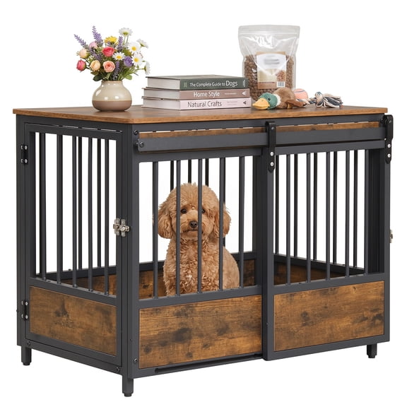 Gymax Indoor Wooden Dog Kennel End Table w/ Dog Mat 2 Doors Safety Latch for Dogs Rustic Brown & Black