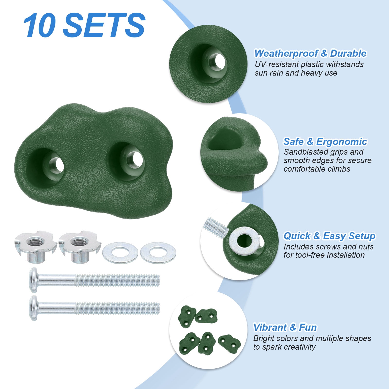 Rock Climbing Holds, 10 Pcs Small Climbing Rock Wall Grips with Double Hole for Playground Accessory, Green-D
