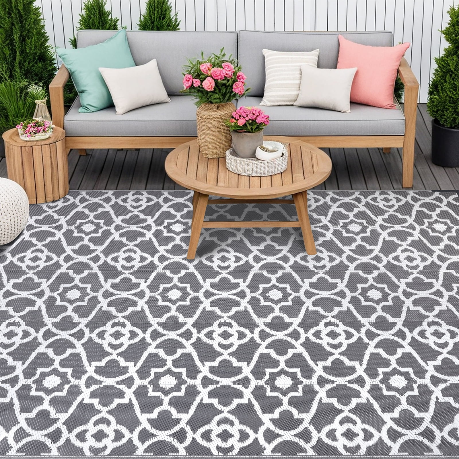 MeyJey 6'x9' Outdoor Rug, Patio Rug Waterproof RV Outdoor Rug Camping Rugs Reversible Plastic Mat for Camping, Balcony Apartment, Patio, Porch, Picnic, Beach, Gray
