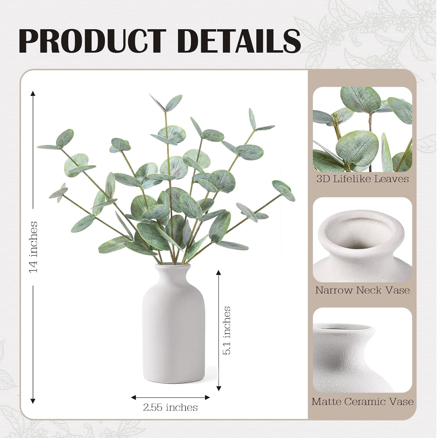 Artificial Eucalyptus Stems in Ceramic Vase, 14'' Fake Plants Greenery Stems for Home Decor Eucalyptus Plant for Bathroom Farmhouse Room Coffee Table Centerpiece Desk Shelf Faux Branches Decorations