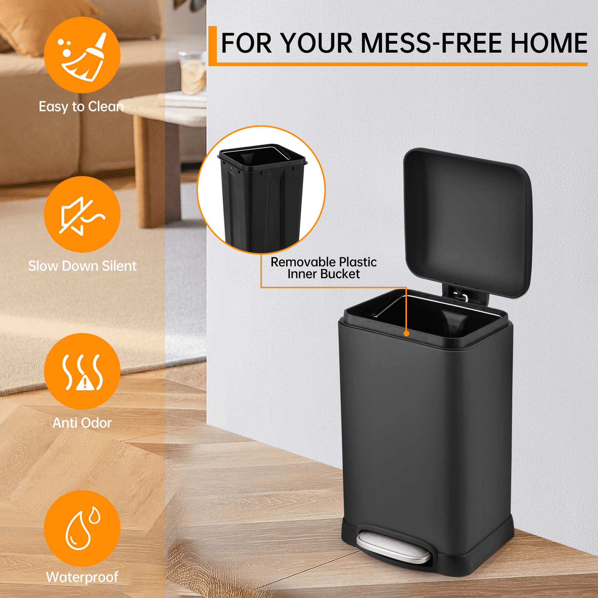 4.2 Gal (12L) Trash Can with Lid, M7 Stainless Steel Garbage Bin, 11.8"L x 9.4"W x 17.3"H, Anti-Fingerprint Design for Kitchen & Bathroom, Black
