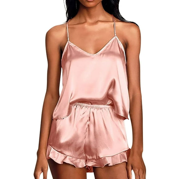 Womens Pajamas Sets Loose Pajamas Cool Satin Cami Shorts 2 Piece Set Lightweight Nightwear Imitation Silk Pajamas for Women