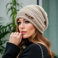 thumbnail image 2 of Grofry Lady Winter Hat Thick Knit Windproof Plush Lined Keep Warm Ear Elastic Baggy Cap Outdoor School Commuting Beanie, 2 of 8