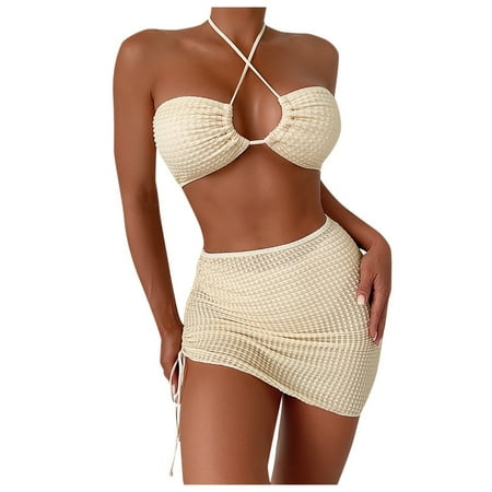 Cathalem Swimsuit for Women Women Sexy Thong String 2 Piece Bikini Set Cheeky Halter Swimsuit (Beige XL)