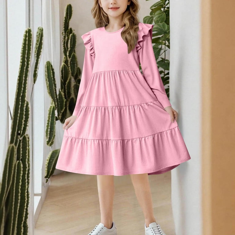 IVEYRTF Girls Long Sleeve Ruffle Hem Dress Princess Party Wear Flare Dress  Elegant Basic Casual Style for School Vacation Daily Outfit Holiday  Festive(Pink#1,12 Years) - Walmart.com