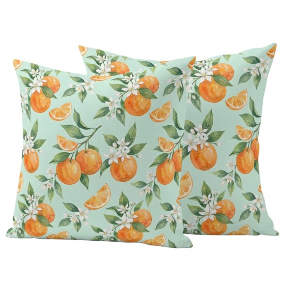 Oranges Fruits Outdoor Waterproof Pillow Covers, White Florals Farmhouse Green Leaves Decorative Square Throw Pillowcase Sofa Cushion Sham for Patio/Couch/Chair, 20"x20" 2 Pack