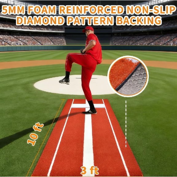 Softball Pitching Mat – Portable Nylon Fastpitch Equipment with Rubber Mound and Foam Backing for Pitcher Training Indoors & Outdoors, 3x10 Trainer Practice Tools with Pitchers Mounds