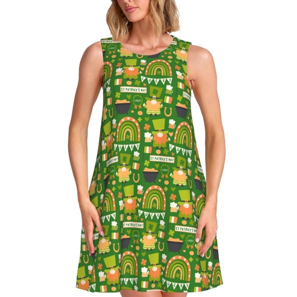 Easygdp traditional Irish colours para Vestido Transpirable de Mujer, Vestido Suelto de Manga Corta con Pliegues y Bolsillos para el Verano