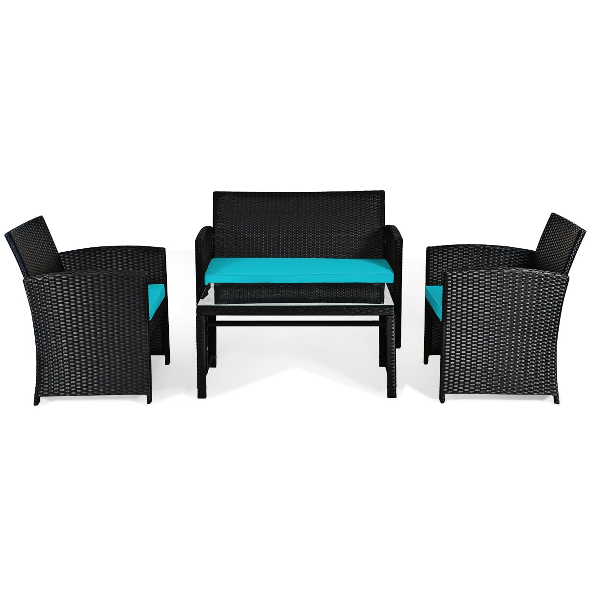Costway 4PCS Patio Rattan Furniture Conversation Set Cushion Sofa Table Garden Turquoise