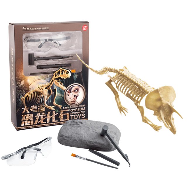 EQWLJWE Puzzle Toys Dinosaur Fossil Digging Kit for Kids, featuring a dinosaur fossil excavation set with tools like a hammer, brush, and chisel, along with safety goggles. Includes a realistic dinosaur skeleton model for assembly. The kit is designed for educational play, encouraging critical thinking and hand-eye coordination. Packaged in a box with dinosaur-themed graphics.