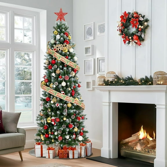 6/7.5/9/12 Ft Pre-Lit Slim Pencil Christmas Tree, Artificial Holiday Tree with 400 LED Lights, White Snowy Branch Tips & Pine Cone Accents | Complete with Metal Base for Home, Office, Party Decor