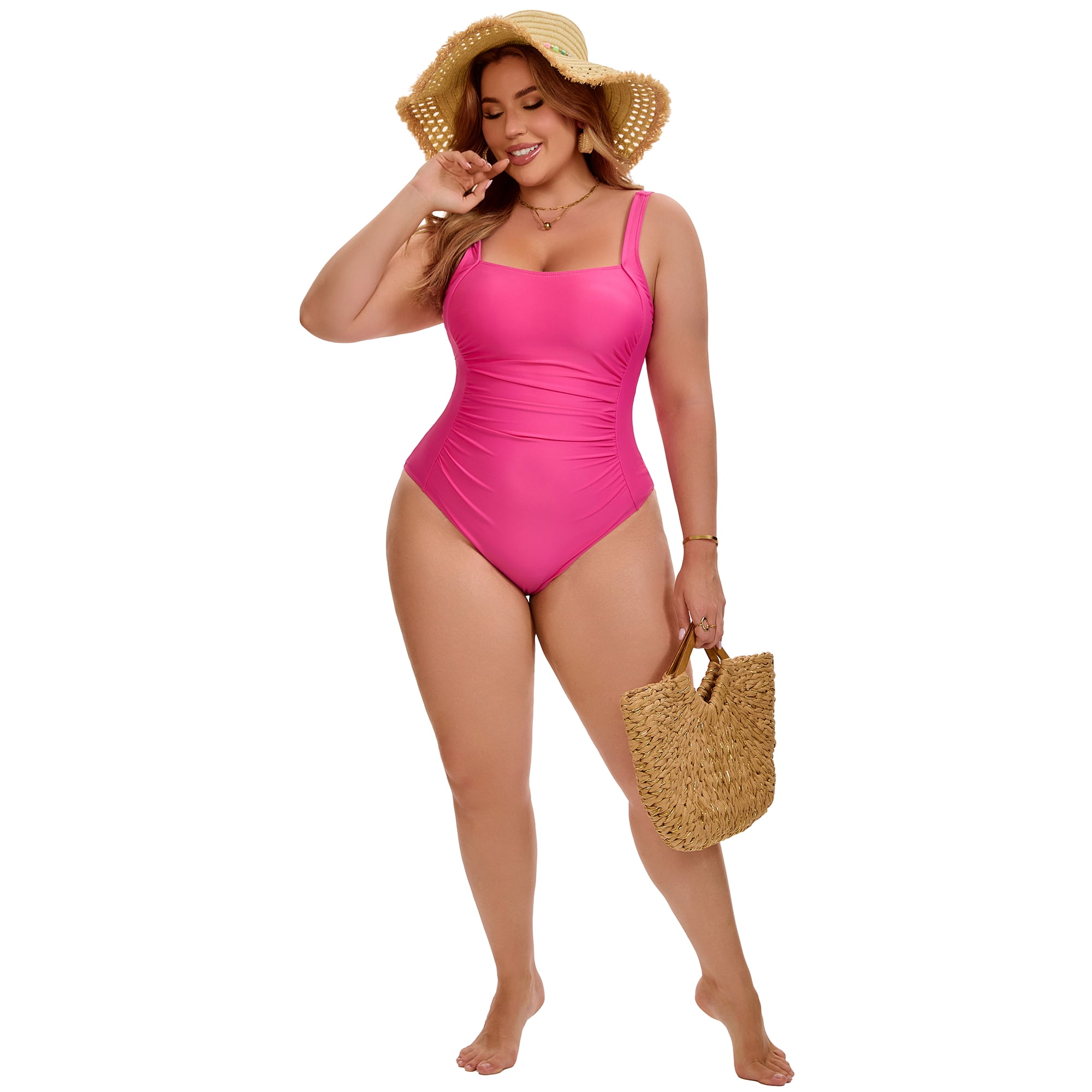 DARING DIVA Women's Plus 1 Piece Push Up Tummy Control Swimsuit L Hot Pink