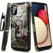 Nagebee Case for Samsung Galaxy A02S with Tempered Glass Screen Protector (Full Coverage), Belt Clip Holster with Built-in Kickstand, Heavy Duty Protective Shockproof Armor Rugged Case (Deer)