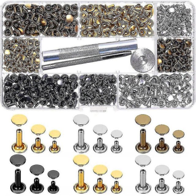 Double Cap Rivet, 300 Pieces Leather Rivets With 3 Fastening Tools Double Head Rivets For Diy Leather Craft Belt Wallet Decoration 3 Size Gold, Silver
