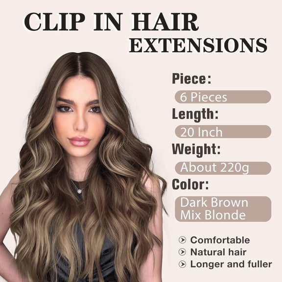 WEIF-Clip in Hair Extensions for Women 20 Inch Long Wavy Curly Dark Brown Mix Blonde Hairpieces Full Head Synthetic Hair Hairpieces(6PCS, Dark Brown Mix Blonde)