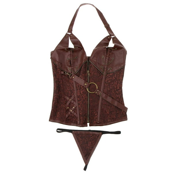Lencería gótica steampunk con varillas de acero para mujer, corsé sobre el busto, marrón, talla 2XL Brown 2XL