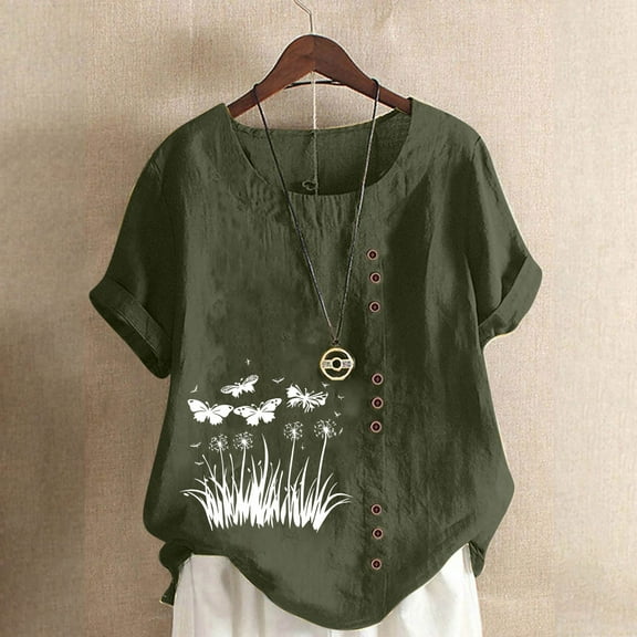 Homenesgenics Womens Tops under $5 Women Casual and Linen Round-Neck Tops Printed Short Sleeve Button T-shirt Blouse Green L