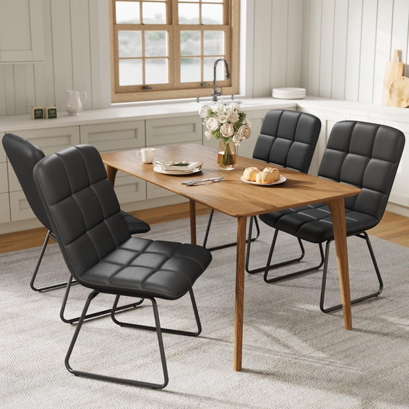 Modern Faux Leather Dining Chairs Set of 4 - Upholstered Black Seat - Comfortable Kitchen or Dining Room Furniture - Sturdy Construction - Black