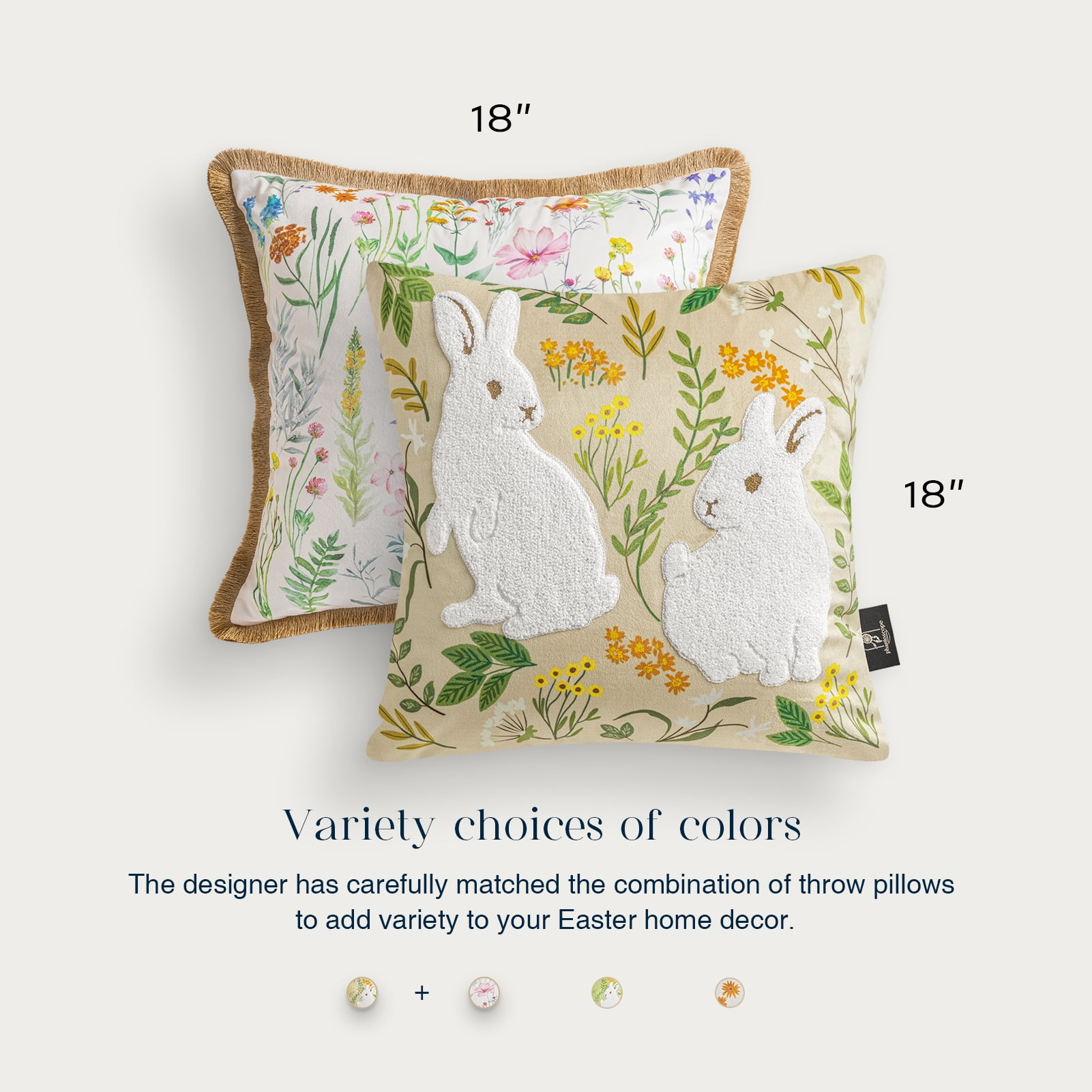Happy Easter Throw Pillow Tassel Trimmed Printed Colorful Flowers and Rabbits Decorative Easter Pillows, 18" x 18", Beige, 2 Pack