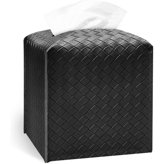 Tissue Box Cover Holder, Square Tissue Box Cover with Bottom Belt,PU Leather Decorative Organizer for Tabletop, Bathroom, Car, Office(Black,5.12inch)
