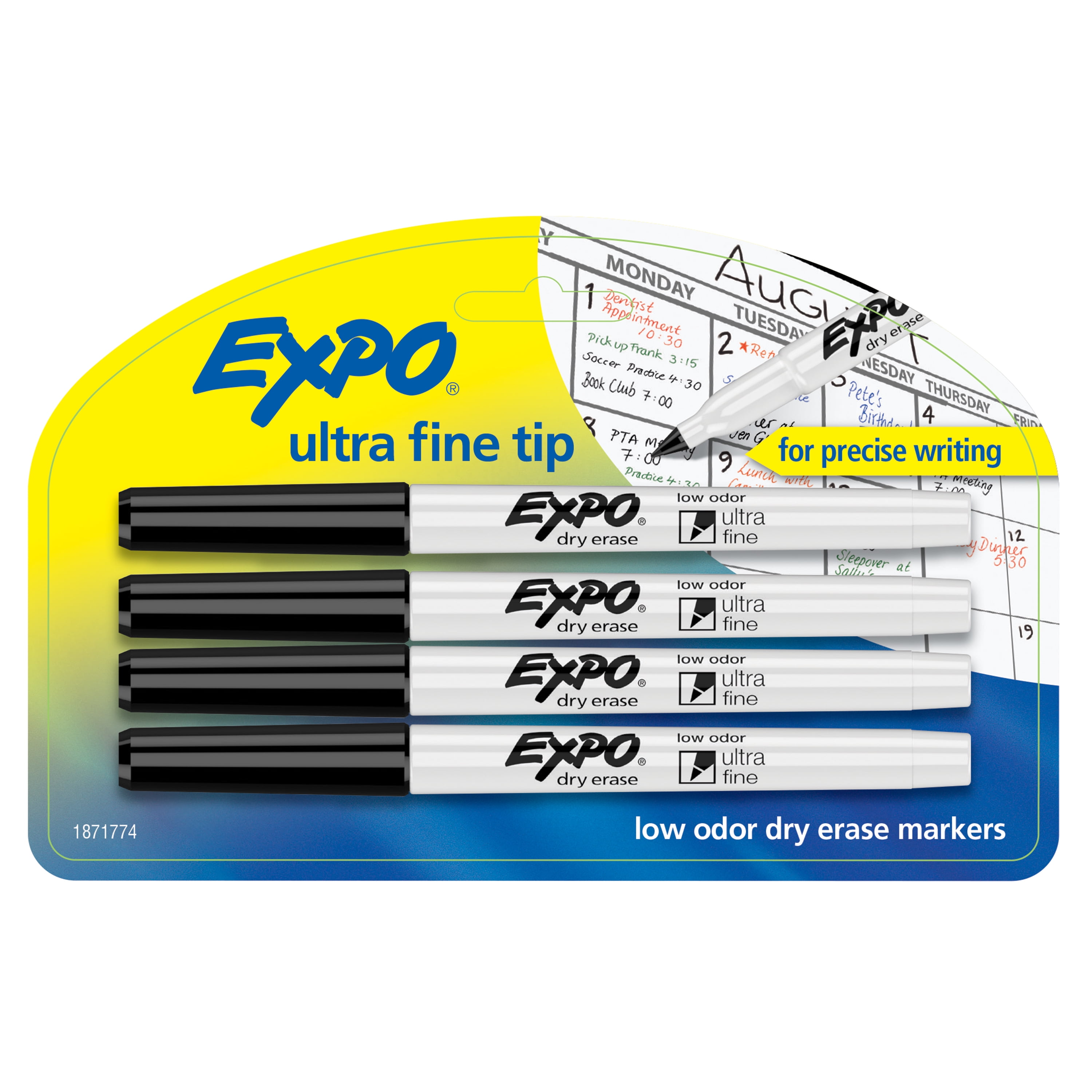 EXPO LowOdor DryErase Marker Ultra Fine Point Black 4/Pack