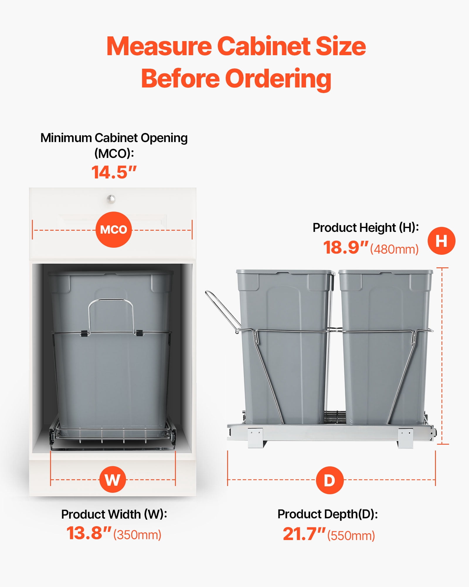 VEVOR Pullout Trash Can for Kitchen Cabinets, 35 QT x2 Double Under Sink Garbage Waste Recycling Bin, Under Mount Waste Container, with Heavy Duty Metal Full Extension Sliding System and Handle