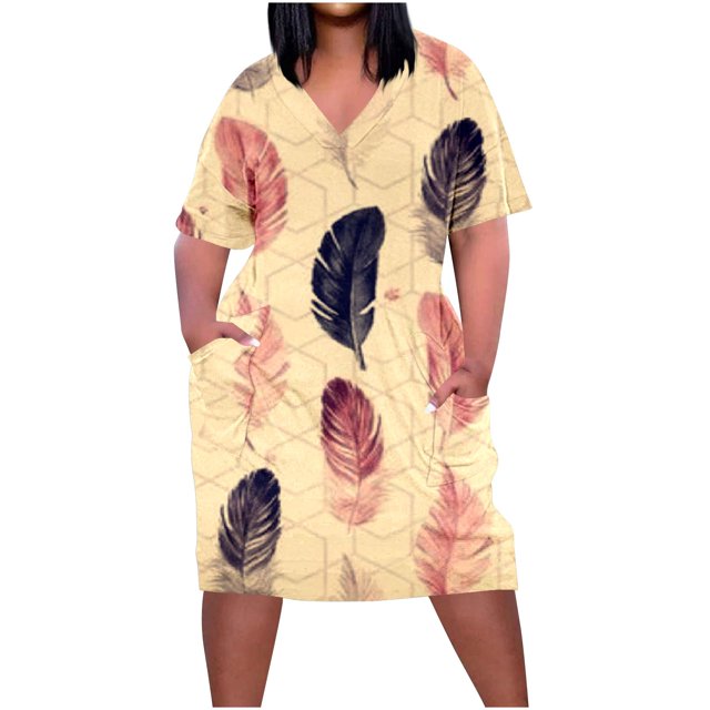 Vestido Corto de Verano Moda Grande Impresión de Manga Corta Cuello en V Bolsillo Mini Vestido para Casual Y Diario