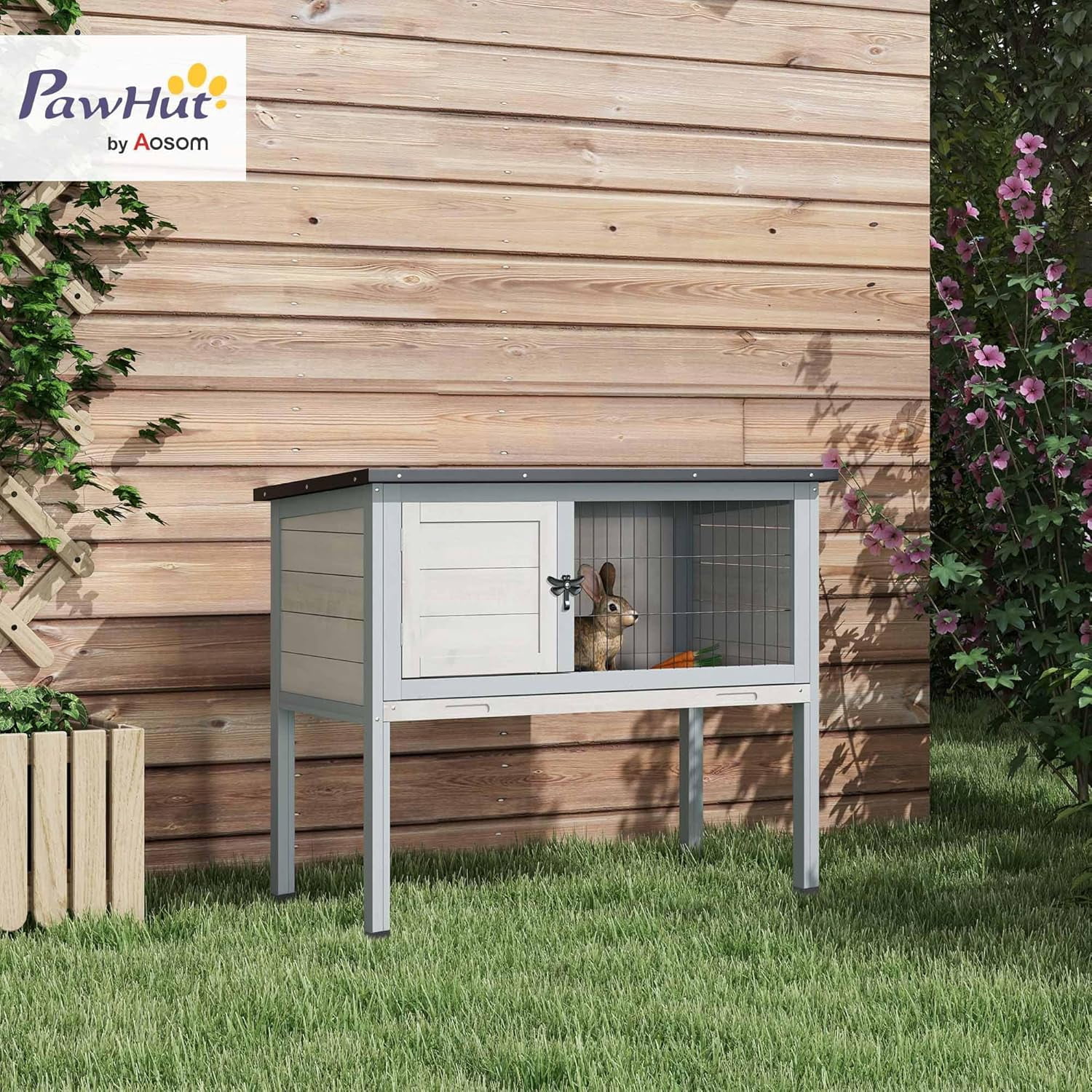 LEHOME Elevated Wooden Rabbit Hutch, Indoor/Outdoor Bunny Cage with Hinged Asphalt Roof and Removable Tray for Guinea Pig, Light Gray