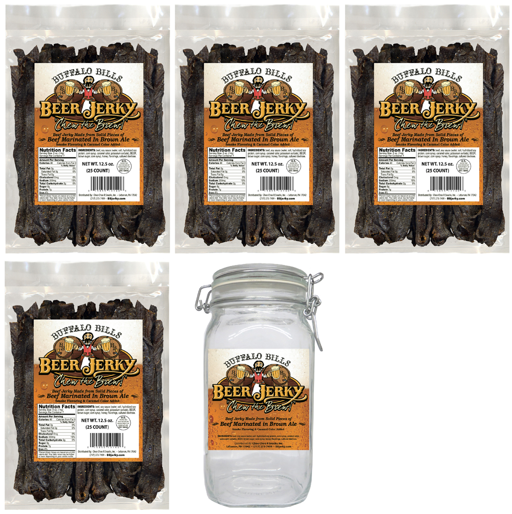 Buffalo Bills 5-Piece Honey Ale Beer Beef Jerky & Glass Jar Gift Tool Bags (4 bags and 1 jar)
