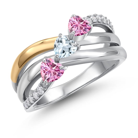 Gem Stone King 925 Silver and 10K Yellow Gold Pink Moissanite and Sky Blue Aquamarine and Lab Grown Diamond Engagement Ring for Women | 0.84 Cttw | Heart Shape Gemstone Birthstone | Size 6