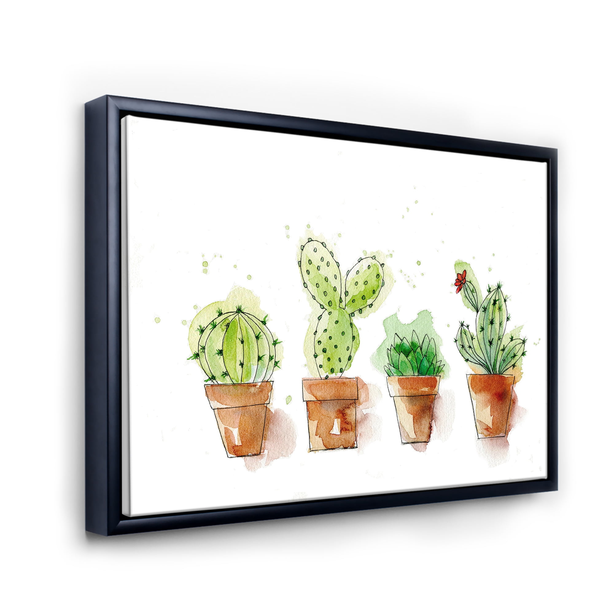 Designart 'Cacti In Gentle Tones In Ceramic Pots I' Traditional Framed Canvas Wall Art Print